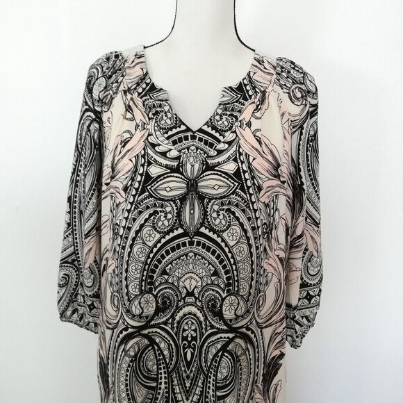 Buttons Ornate Print 3/4 Sleeve Split V-Neck Casual Shift Dress Women's Size L - Picture 2 of 10